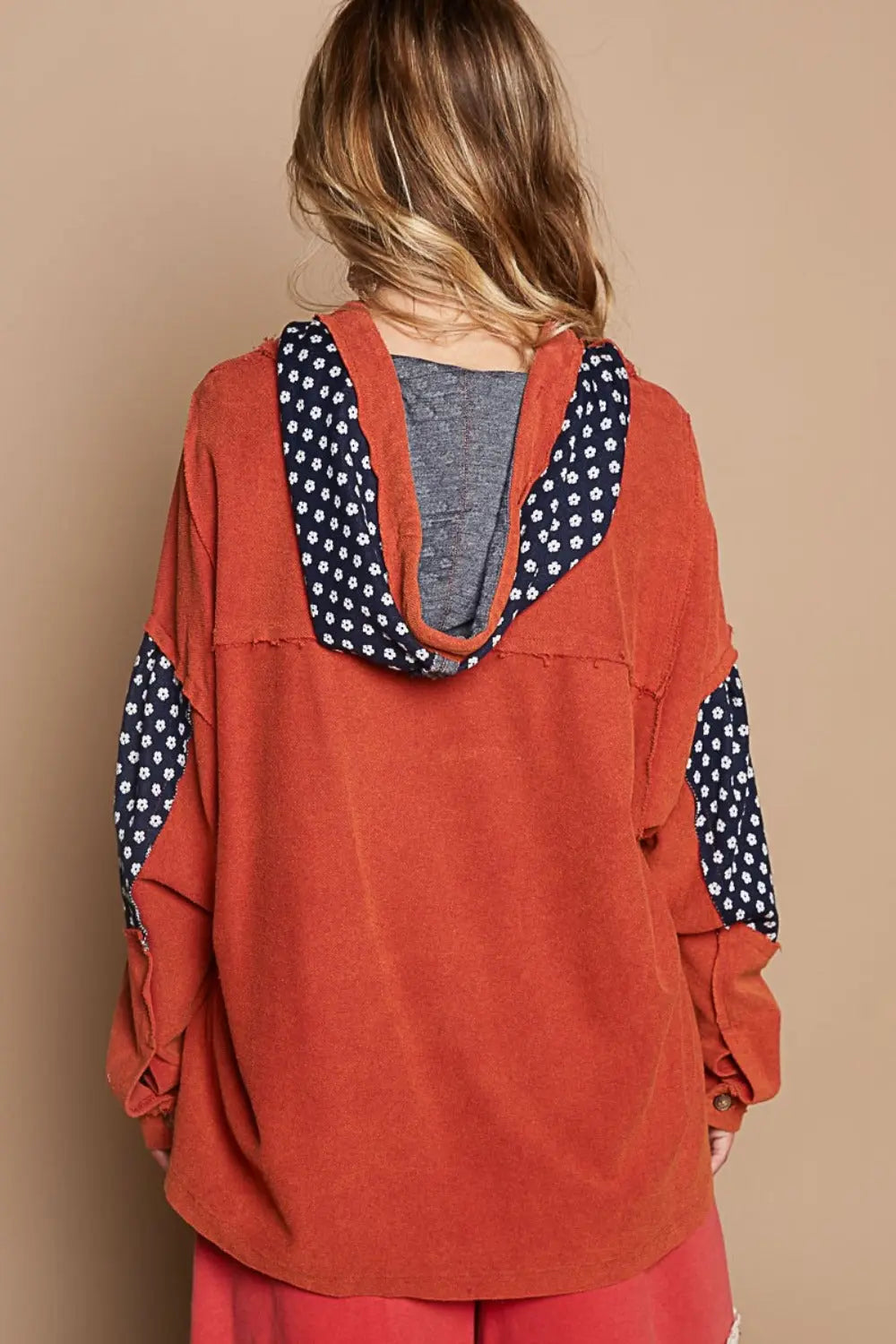 Back view Patriotic Star Patchwork Raw Edge Hoodie in French Terry fabric, perfect for bold style and comfort. Shop now