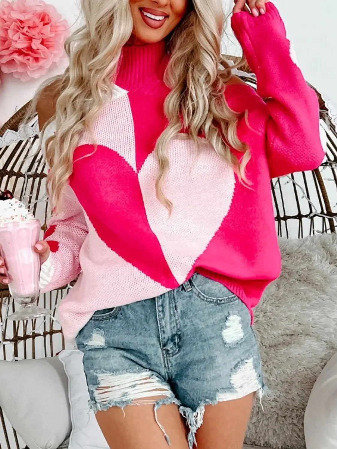 Valentine's Day Heart Turtleneck Cold Shoulder Sweater 