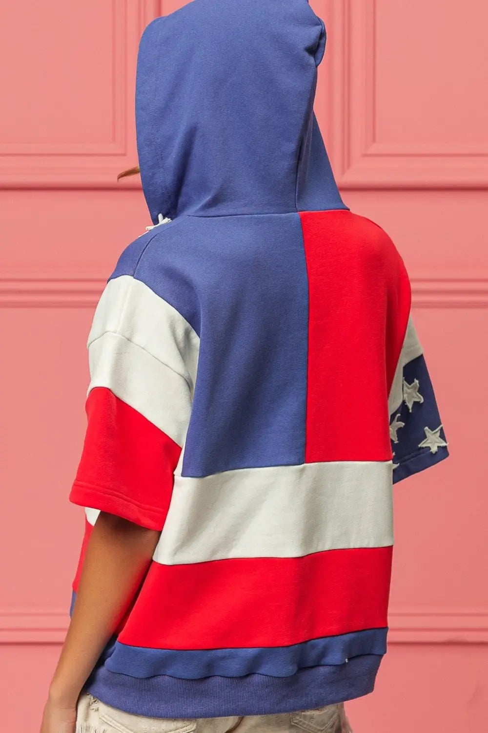 Side view Forever America Flag Theme Hoodie, bold patriotic design, cozy fit, and durable fabric, perfect for showcasing your American pride.