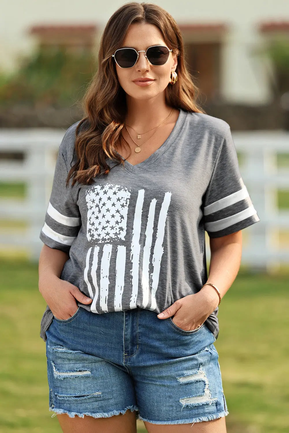 Plus Size US Flag Graphic V-Neck Tee Envy The Eagle