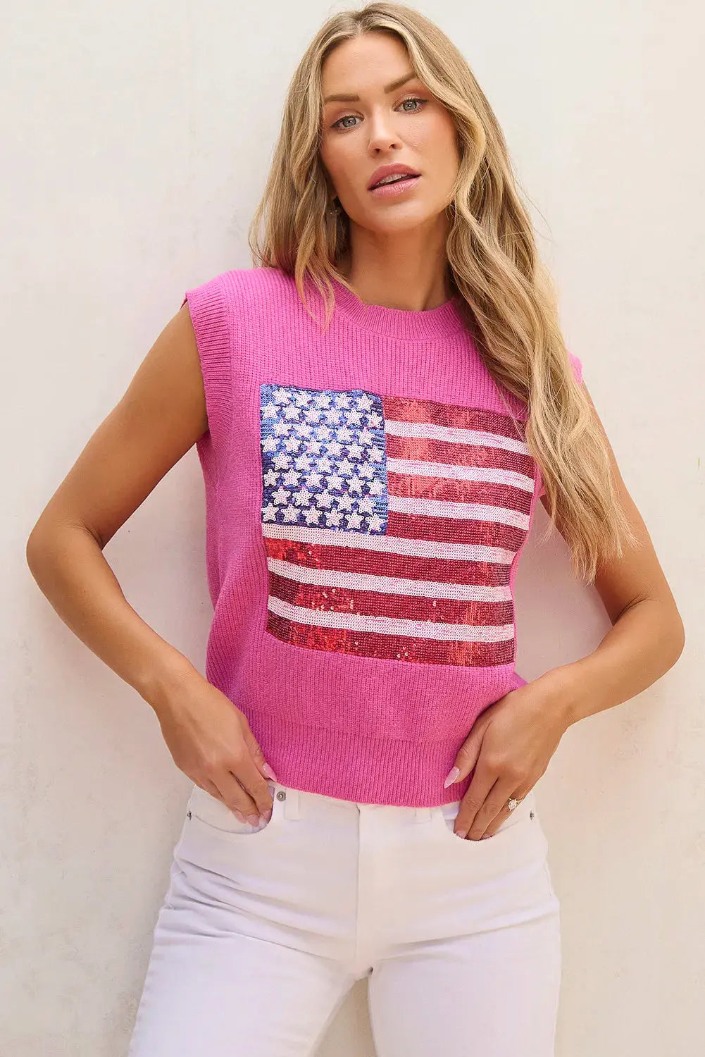 Sequin US Flag Round Neck Sweater Vest Envy The Eagle