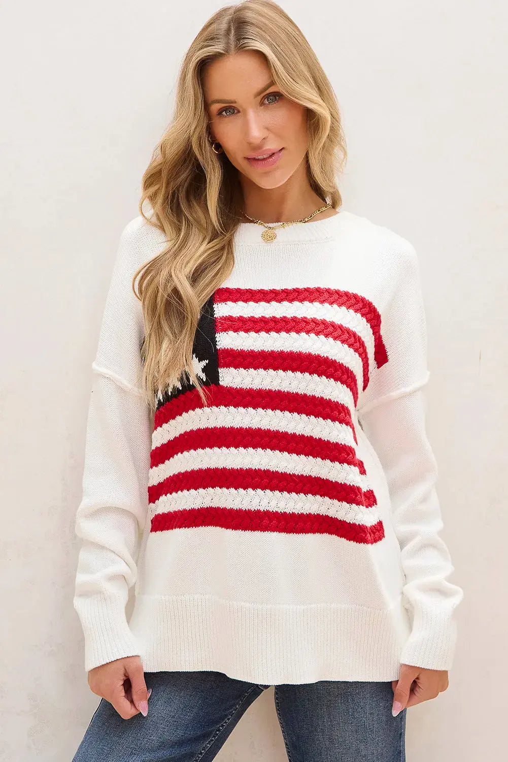 US Flag Round Neck Long Sleeve Knit Top for women, featuring a bold patriotic design, soft knit fabric, and a classic flattering fit.