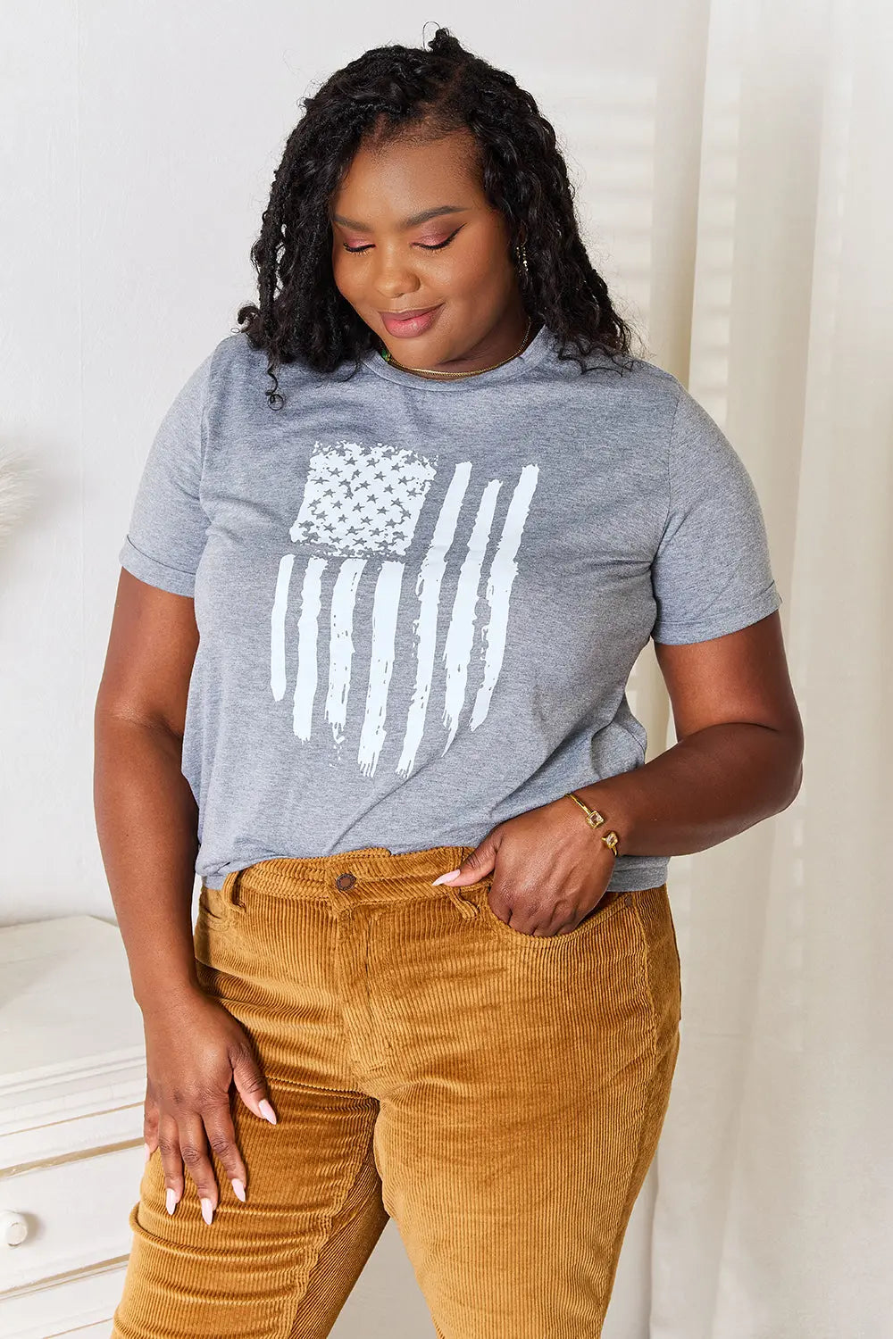  US Flag Graphic Cuffed Sleeve T-Shirt 