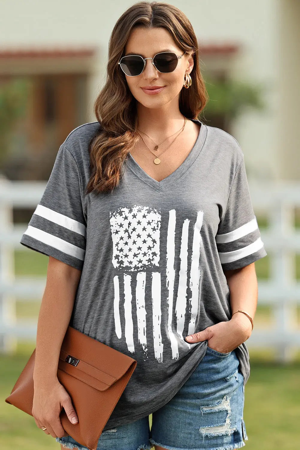 Plus Size US Flag Graphic V-Neck Tee Envy The Eagle