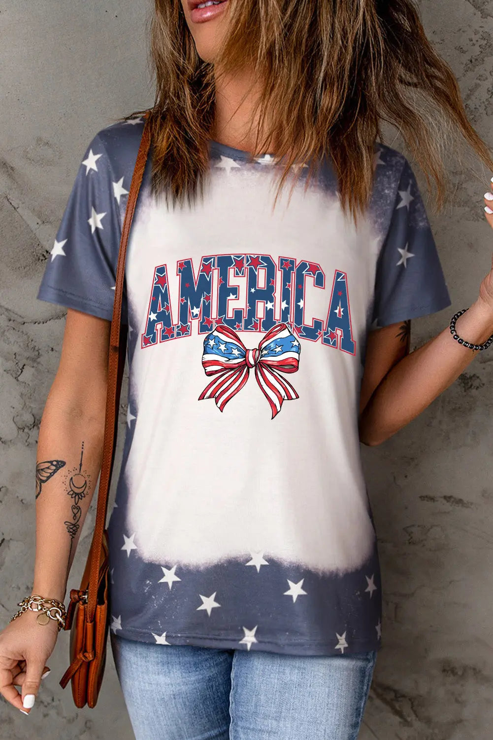 Lady wearing STARS OF AMERICA T-Shirt for women, a bold patriotic round neck tee with star-spangled design perfect for showing your American pride.