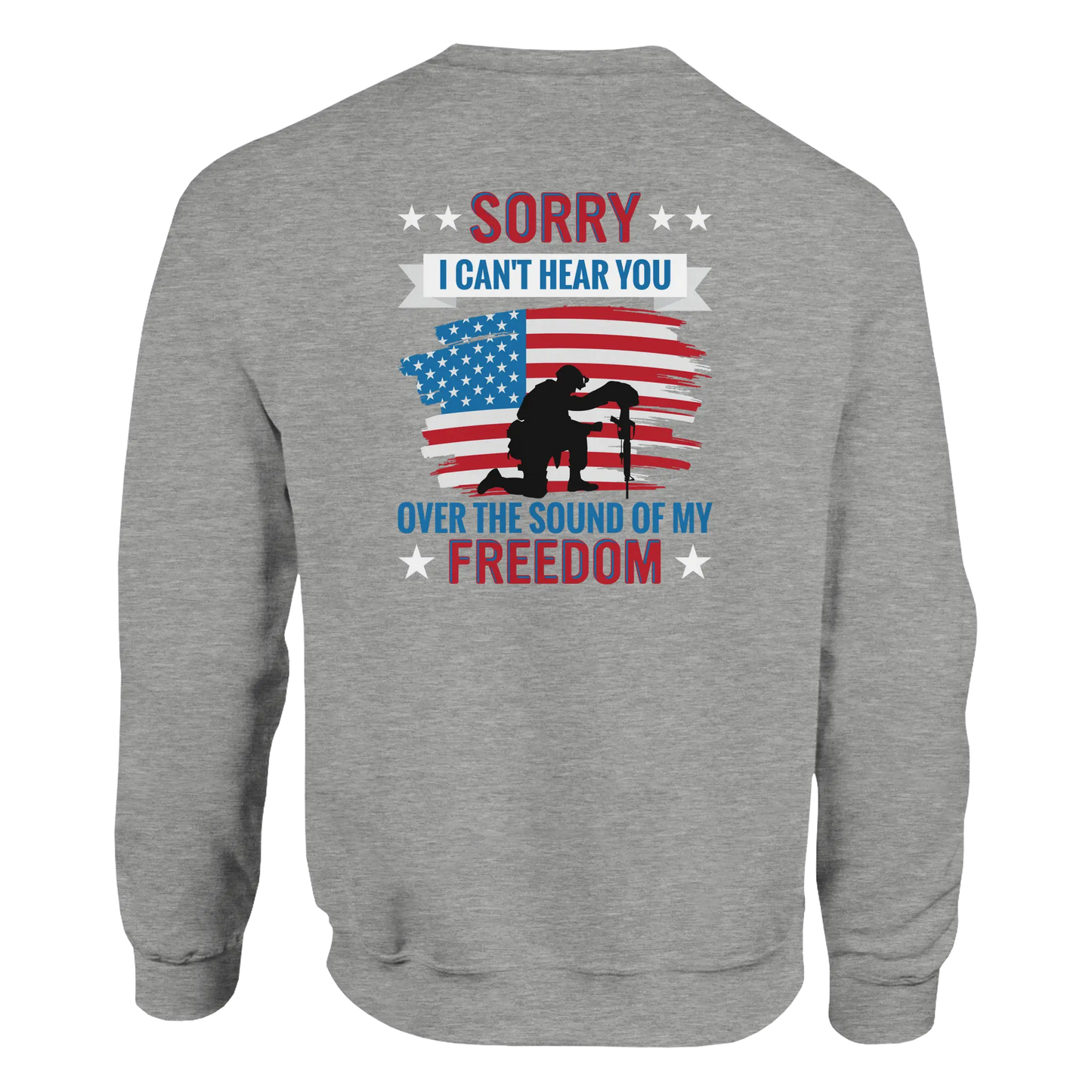 Ash Patriotic Over Freedom crewneck sweatshirt with bold back design, unisex fit, soft premium fabric, perfect for casual and stylish looks.