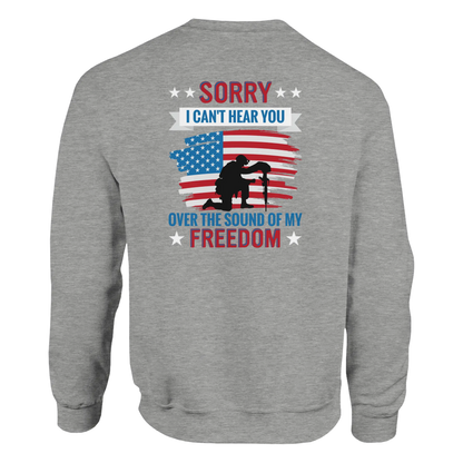 Ash Patriotic Over Freedom crewneck sweatshirt with bold back design, unisex fit, soft premium fabric, perfect for casual and stylish looks.