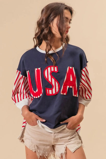 USA Letter Patchwork Contrast Short Sleeve T-Shirt