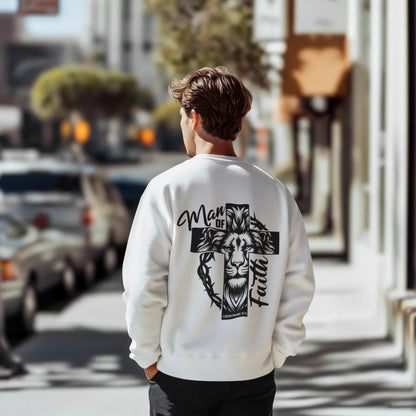 Man wearing sweatshirt back print lion and cross text Man of Faith Religious Pride