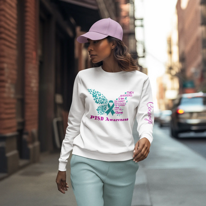 White She Is The Storm PTSD Awareness sweatshirt with butterfly design and 'Courage' print on the left arm. Empowering women’s empowerment tee.