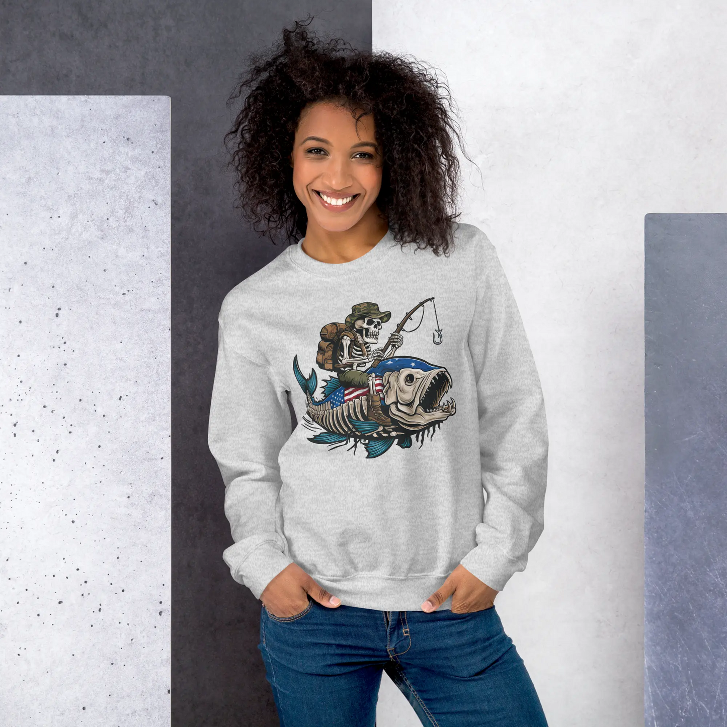 Lady Wearing Unisex Veteran Gone Fishin' Sweatshirt with bold graphic, perfect for veterans and outdoor enthusiasts.