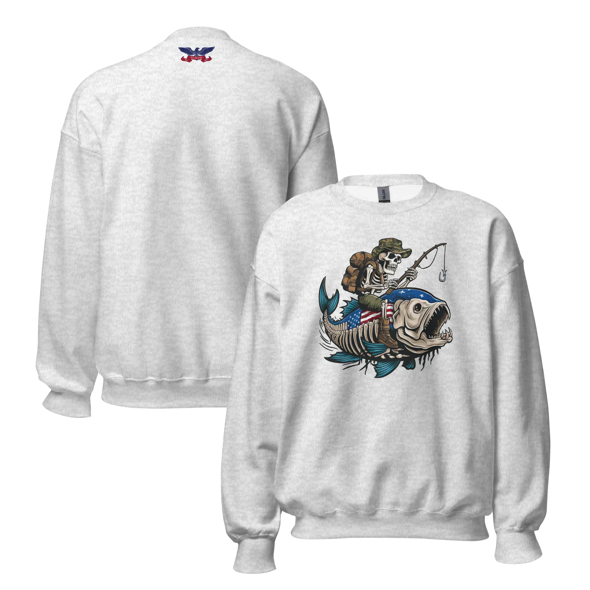 Ash Front and Back Unisex Veteran Gone Fishin' Sweatshirt with bold graphic, perfect for veterans and outdoor enthusiasts.