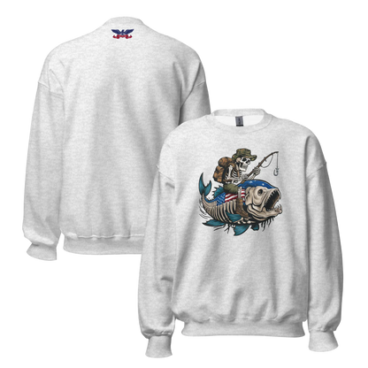 Ash Front and Back Unisex Veteran Gone Fishin' Sweatshirt with bold graphic, perfect for veterans and outdoor enthusiasts.