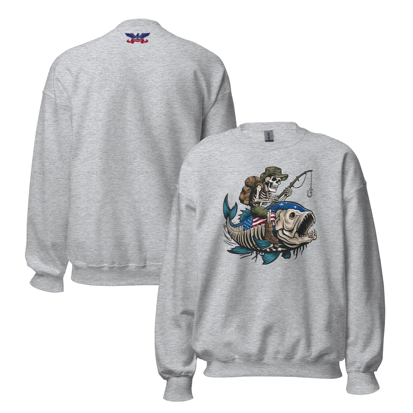 Stone Gray Front and Back Unisex Veteran Gone Fishin' Sweatshirt with bold graphic, perfect for veterans and outdoor enthusiasts.