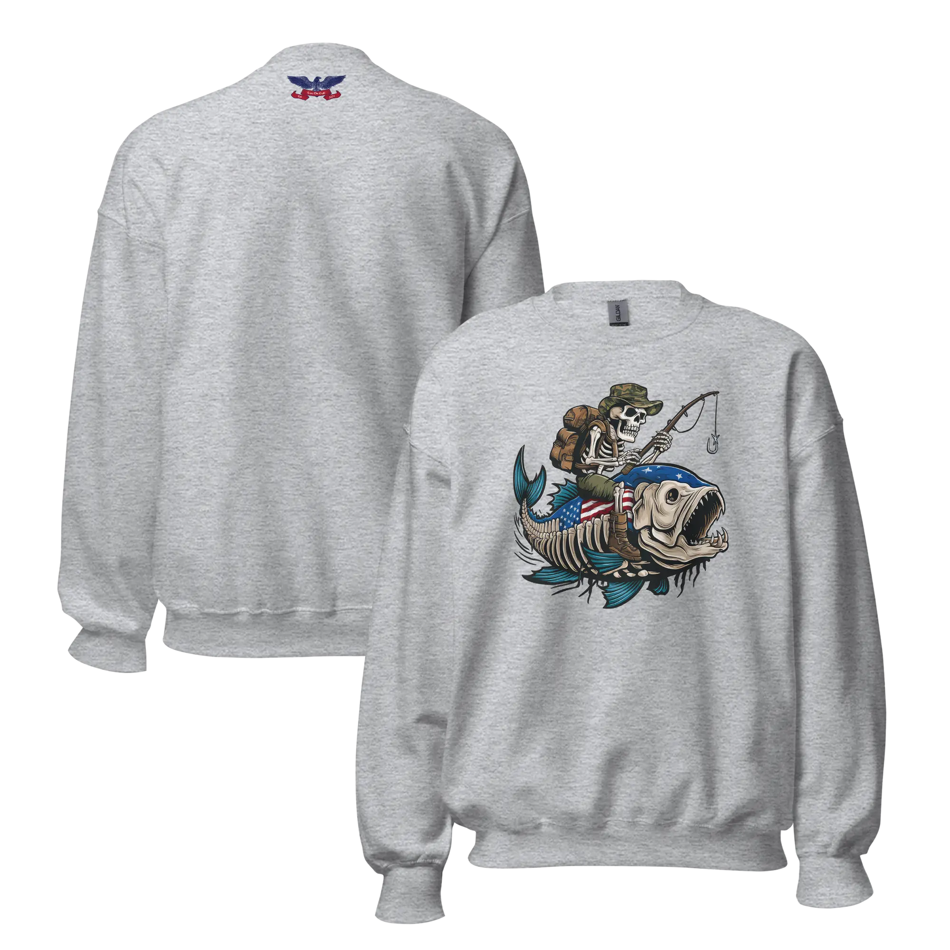 Stone Gray Front and Back Unisex Veteran Gone Fishin' Sweatshirt with bold graphic, perfect for veterans and outdoor enthusiasts.