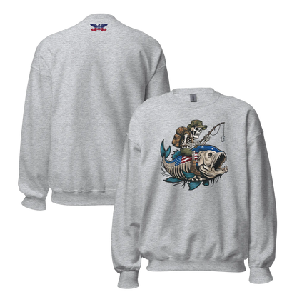 Stone Gray Front and Back Unisex Veteran Gone Fishin' Sweatshirt with bold graphic, perfect for veterans and outdoor enthusiasts.