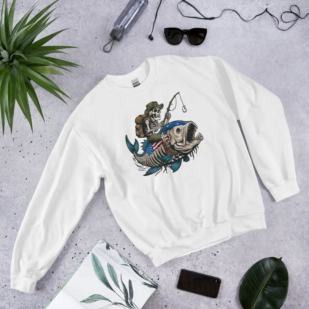 Flat Lay Unisex Veteran Gone Fishin' Sweatshirt with bold graphic, perfect for veterans and outdoor enthusiasts.