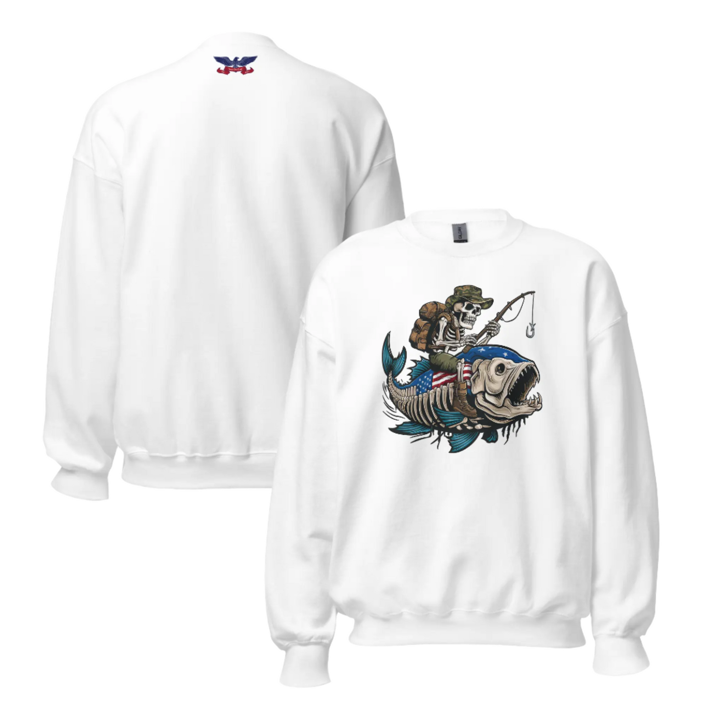 White Front and Back Unisex Veteran Gone Fishin' Sweatshirt with bold graphic, perfect for veterans and outdoor enthusiasts.