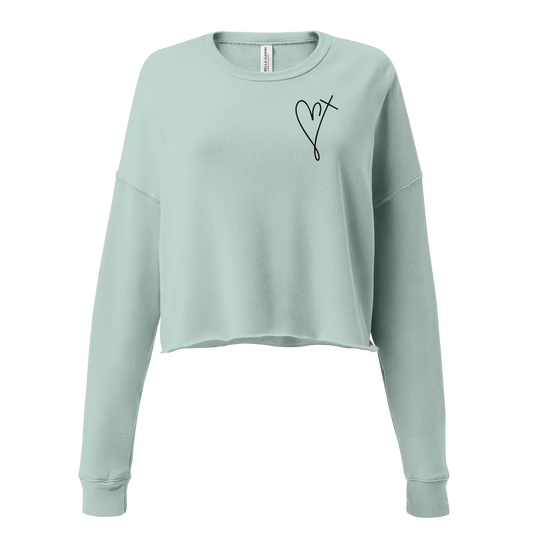 Long sleeve cropped sweatshirt graphic of a heart and cross left top chest Religious Faith