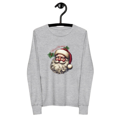 On hanger gray youth long sleeve tee, image of Santa, text merry Christmas, festive holiday