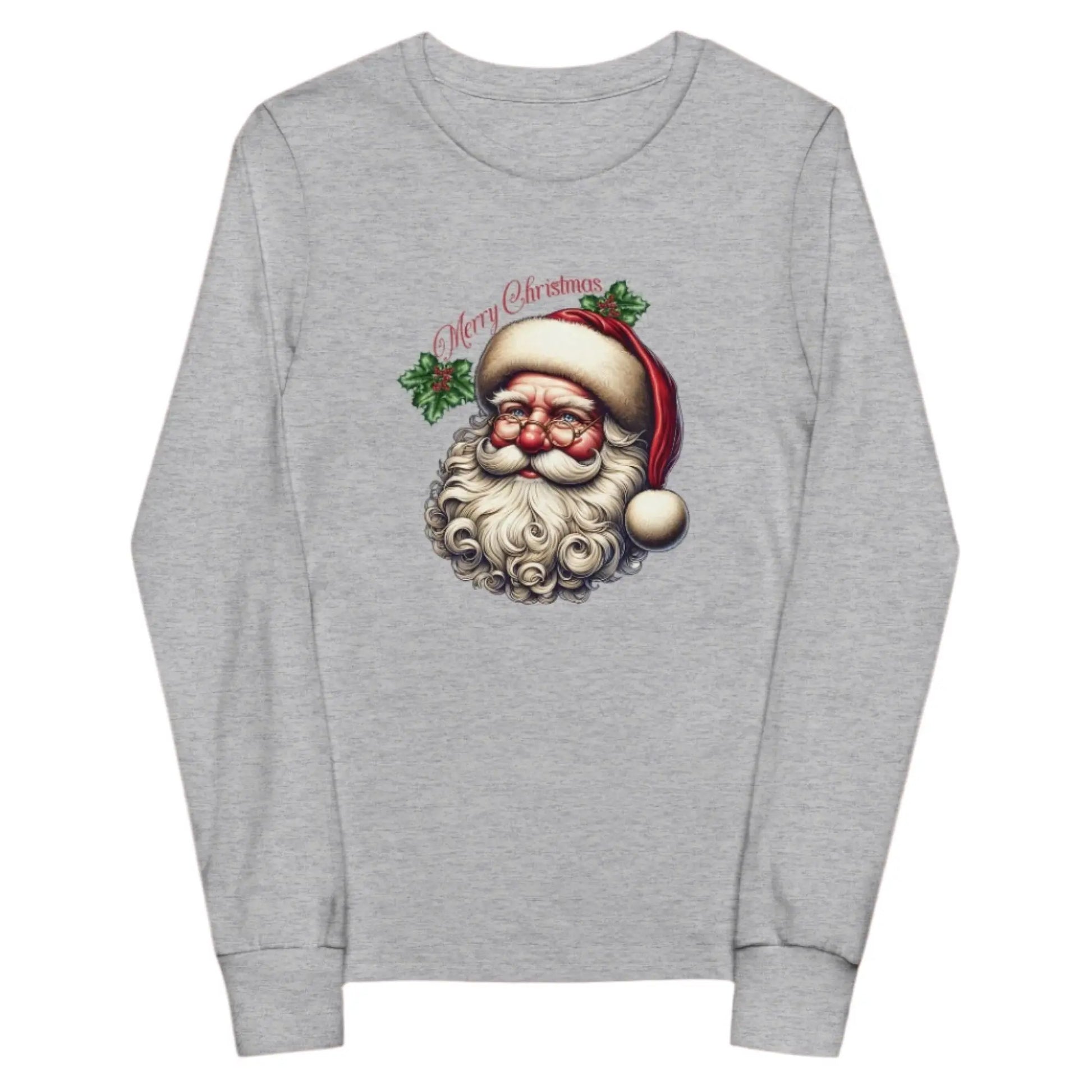 Gray youth long sleeve tee, image of Santa, text merry Christmas, festive holiday